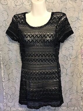 BKE Navy Blue Sheer Lace Short Sleeve Tunic